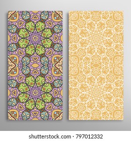 Vertical seamless patterns set, floral geometric lace texture for Wedding, Valentine's day, greeting cards or Birthday Invitations. Decorative seamless backgrounds. Ethnic ornament, border pattern