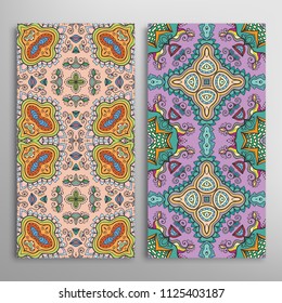 Vertical seamless patterns set, hand drawn colorful backgrounds for Wedding, Valentine's day, greeting cards or Birthday Invitations. Decorative seamless texture. Ethnic ornament, border pattern