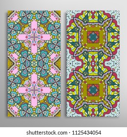 Vertical seamless patterns set, hand drawn colorful backgrounds for Wedding, Valentine's day, greeting cards or Birthday Invitations. Decorative seamless texture. Ethnic ornament, border pattern