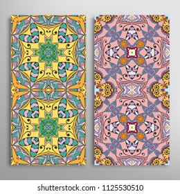 Vertical seamless patterns set, hand drawn colorful backgrounds for Wedding, Valentine's day, greeting cards or Birthday Invitations. Decorative seamless texture. Ethnic ornament, border pattern