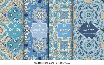 Vertical seamless patterns set, hand drawn colorful ornament. Decorative seamless doodle backgrounds collection. Ethnic ornamental border pattern. Retro, vintage, christmas and decor labels
