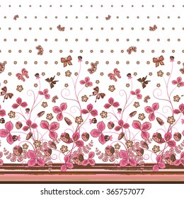 Vertical Seamless pink brown floral pattern with strawberries and flowers and translucent butterflies. Hand drawn texture for clothes, bedclothes, invitation, card design etc.