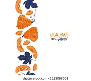 Vertical Seamless Pumkin border with vegetables and leaves. Pumpkin border with organic farm food. Hand drawn autumn vector illustration for card, invitation, market. Fall harvest festival background.