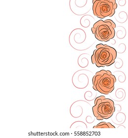 Vertical seamless rose pattern with copy space (place for your text). Sketch with pink and orange flowers. Hand drawn.