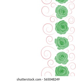 Vertical seamless rose pattern with copy space (place for your text). Sketch with pink and green flowers. Hand drawn.