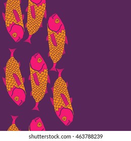 Vertical seamless sea  pattern,   hole, spots,waves,scale, fishes, doodles,  copy space . Hand drawn.