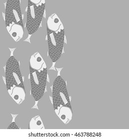 Vertical seamless sea  pattern,   hole, spots,waves,scale, fishes, doodles,  copy space . Hand drawn.
