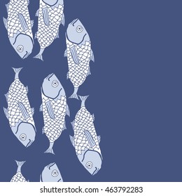 Vertical seamless sea  pattern,   hole, spots,waves,scale, fishes, doodles,  copy space . Hand drawn.