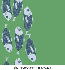 Vertical seamless sea  pattern,   hole, spots,waves,scale, fishes, doodles,  copy space . Hand drawn.