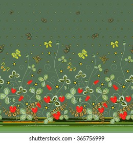 Vertical Seamless spring dark floral pattern with red strawberries and dark green flowers and green butterflies. Hand drawn texture for clothes, bedclothes, invitation, card design etc.