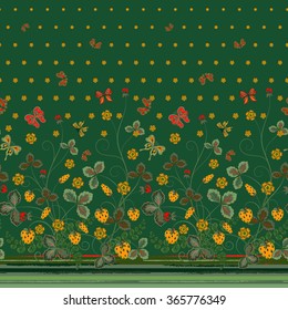 Vertical Seamless spring dark floral pattern with orange strawberries and flowers and red butterflies on dark green background