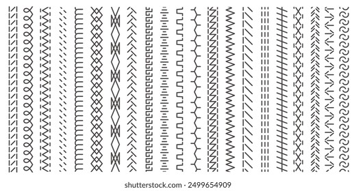 Vertical seamless stitches. Black embroidery zigzag, line and fringe border stitch patterns for textile design, sewing elements. Vector isolated set. Sewing machine endless seam, stitching dividers.