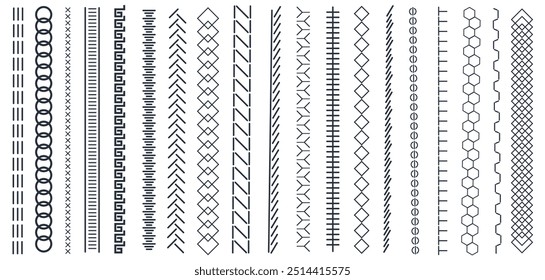 Costuras verticais sem costura. Zigue-zague bordado preto, linha e borda franja padrões de costura para design têxtil, elementos de costura. Conjunto isolado do vetor. Máquina de costura costura costura sem fim costura, costurando divisores.