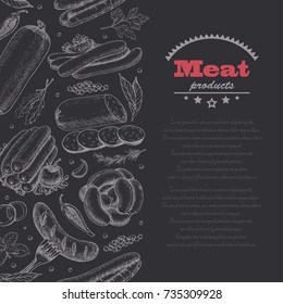 Vertical seamless vector background with meat products. Vector illustration for your design