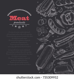 Vertical seamless vector background with meat products. Vector illustration for your design