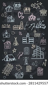 A vertical seamless vector icon pattern of professional urban architecture and city buildings drawn with chalk on a black chalkboard.