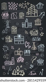 A vertical seamless vector icon pattern of city infrastructure and public services drawn with chalk on a black chalkboard.