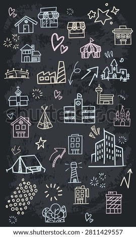 A vertical seamless vector icon pattern of professional urban architecture and city buildings drawn with chalk on a black chalkboard.