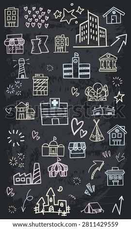 A vertical seamless vector icon pattern of city infrastructure and public services drawn with chalk on a black chalkboard.