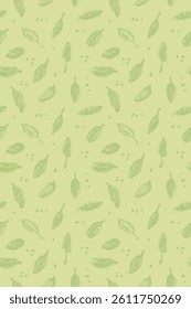 Vertical seamless vector pattern of hand-drawn cardamom pods and seeds in light green shades. Great for tea, cosmetics, food packaging, kitchen decor, and organic design projects.