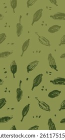 Vertical seamless vector pattern of hand-drawn cardamom pods and seeds in vibrant green colors. Ideal for tea labels, cosmetic packaging, kitchen decor, organic products, and culinary branding.
