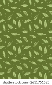 Vertical seamless vector pattern of hand-drawn cardamom pods and seeds in vibrant green colors. Ideal for tea labels, cosmetic packaging, kitchen decor, organic products, and culinary branding.