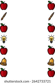 Vertical seamless vector pattern with red apples, paintbrushes, light bulbs, and golden bells, ideal for back-to-school designs or educational projects.