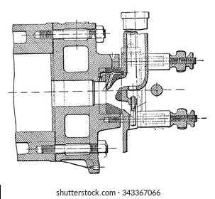 Vertical section of the drawer in the Otto engine cylinder, vintage engraved illustration. Industrial encyclopedia E.-O. Lami - 1875.

