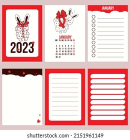 Vertical set calendar template for January 2023 with cute rabbit with gift and planner pages, notes, to do list. Vector illustration. Week from Monday. in english. year of rabbit to Chinese calendar