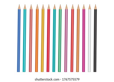 Conjunto vertical de lápices de colores sobre fondo blanco. Los lápices para la educación escolar. Colección para el concepto de trabajo artístico. Ilustración vectorial.
