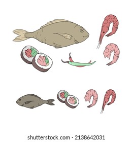 Vertical set of food. Fruits, vegetables, dressings, seafood, meat on a white background.