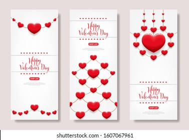 Vertical set for Happy Valentine's Day - Special banner, poster, postcard, voucher, shopping template, invitation card with red lovely sweet bound hearts and calligraphy text. Vector Illustration. 