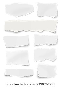 Vertical set of paper different shapes ripped scraps fragments wisps isolated on white background. Paper collage. Vector illustration.