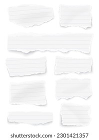 Vertical set of ruled paper different shapes ripped scraps fragments wisps isolated on white background. Paper collage. Vector illustration.