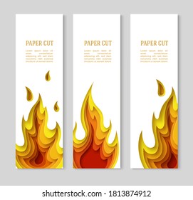 Juego vertical de pancartas blancas con fuego. Diseño de capas en papel. Colocar el texto. Ilustración del vector
