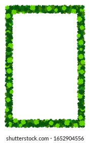 Vertical Shamrock St Patricks frame. Blank holiday irish clover border postcard. Emerald green cartoon outlined clover leaves. Irish festival celebration greeting card isolated frame border