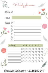 A vertical sheet with the planning of the month. Vector template with flowers and leaves. Perfect for a notebook or diary