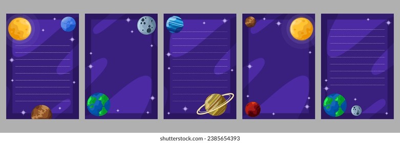 Vertical sheets for space-style notes. Outer space and planets. Design of postcards for decoration, notes, planning, invitations and notes