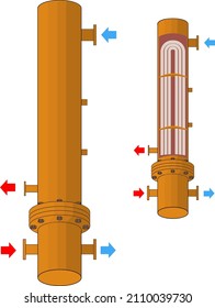 Vertical shell and tube heat exchanger with inside structure variant and ways of inhaust or exhaust explanation isolated on white. Vector illustration.