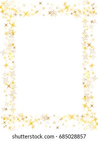 Vertical shining sparkles frame or border design with text place. Cosmic abstract vector background with gold star elements. Decorative pattern on white with golden glitter confetti.