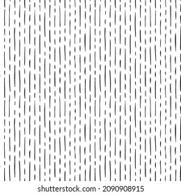 Vertical short and long lines hand drawn seamless pattern. Black and white simple vector pattern with abstract thin dashes and lines. Horizontal dotted stripes. Grunge dash stains background