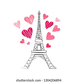 Vertical shot of hand drawn Eiffel Tower in Paris with pink hearts isolated over white background. Romance and love concept.