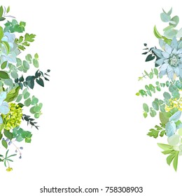 Vertical sides botanical vector design banner. Baby blue eucalyptus, succulents,green hydrangea, wildflowers, various plants, leaves and herbs.Natural card or frame. All elements are isolated 