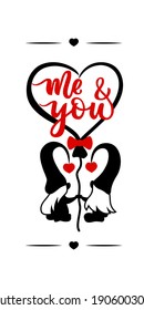 Vertical sign with couple gnome with hand calligraphy lettering Me and you Red. Balloon of shape of heart. Valentines day concept. Design for porch, home deco, walldecor, clothes print. Cut file. Vect