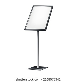 Vertical sign holder stand. Blank menu board vector mock-up. Floor standing display isolated on white background. Metal pedestal poster frame mockup. Template for design