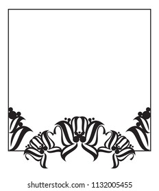Vertical silhouette flower frame. Simple black and white frame with abstract flowers.Vector clip art.