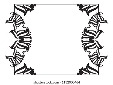Vertical silhouette flower frame. Simple black and white frame with abstract flowers.Vector clip art.
