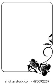 Vertical silhouette flower frame. Simple black and white frame with abstract flowers.Vector clip art.