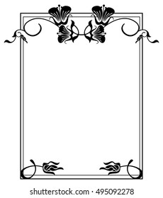 Vertical silhouette flower frame. Simple black and white frame with abstract flowers.Vector clip art.