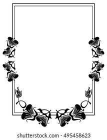 Vertical silhouette flower frame. Simple black and white frame with abstract flowers.Vector clip art.